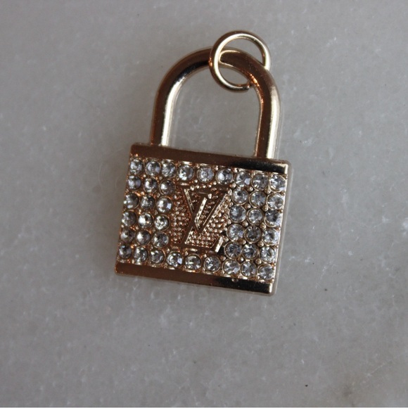 Louis Vuitton Lock Charm Rhinestone Gold LV Zipper Pull Authentic Stamp - Picture 1 of 2